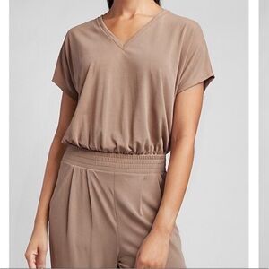Express Silky Sueded Bodysuit Top Tan Short Sleeve V Neck Size Medium NWT